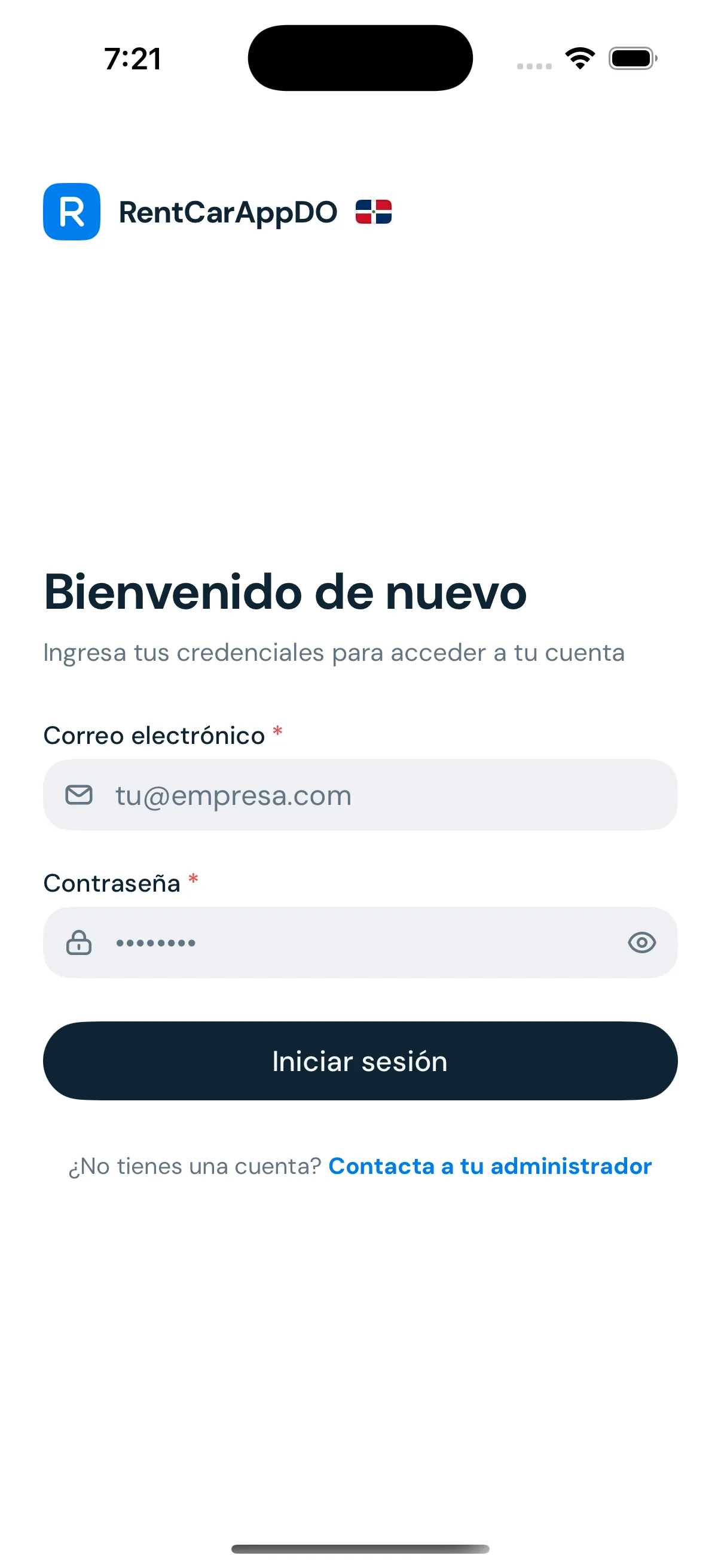 Pantalla de inicio de sesión de RentCarAppDO
