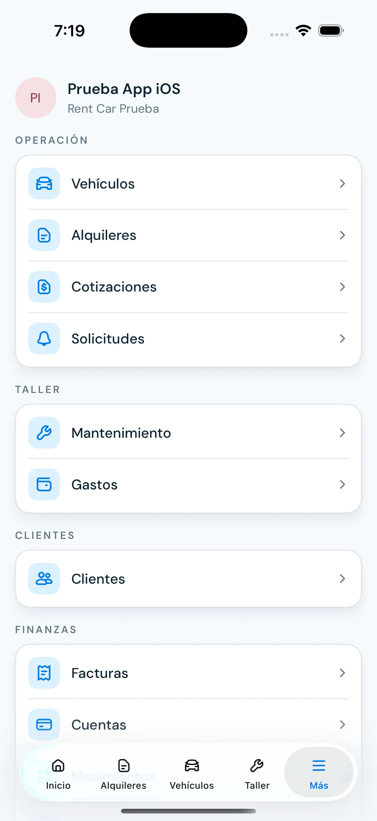 Menú de RentCarAppDO con Vehículos, Alquileres, Cotizaciones y Solicitudes